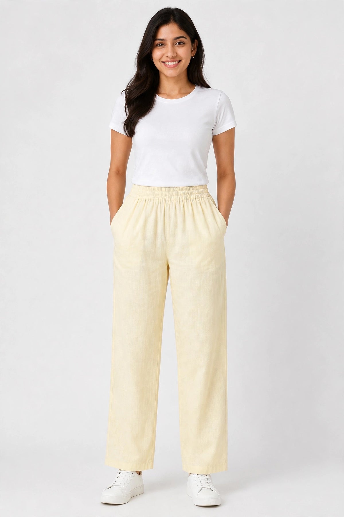 Women's Cream white color Casual Elastic Waist Ladies Pant