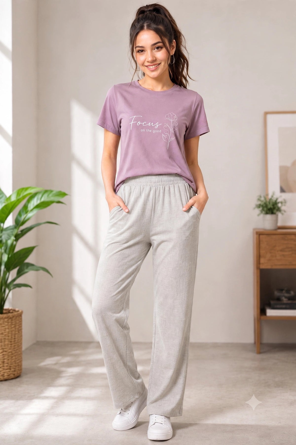 Women's Grey color Casual Elastic Waist Ladies Pant