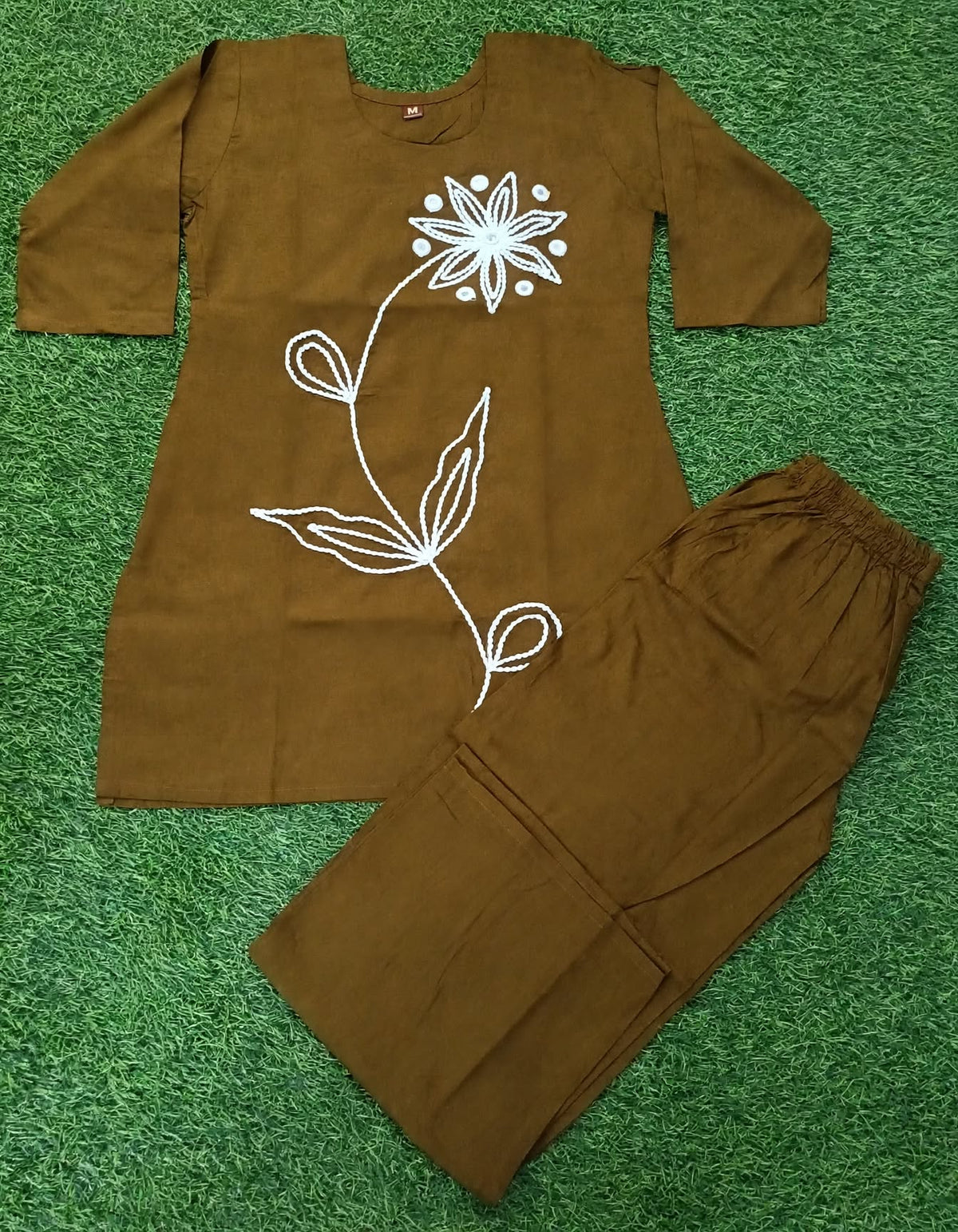 Women’s Mustard Brown Cotton Blend White Floral Embroidered top and Pant Set