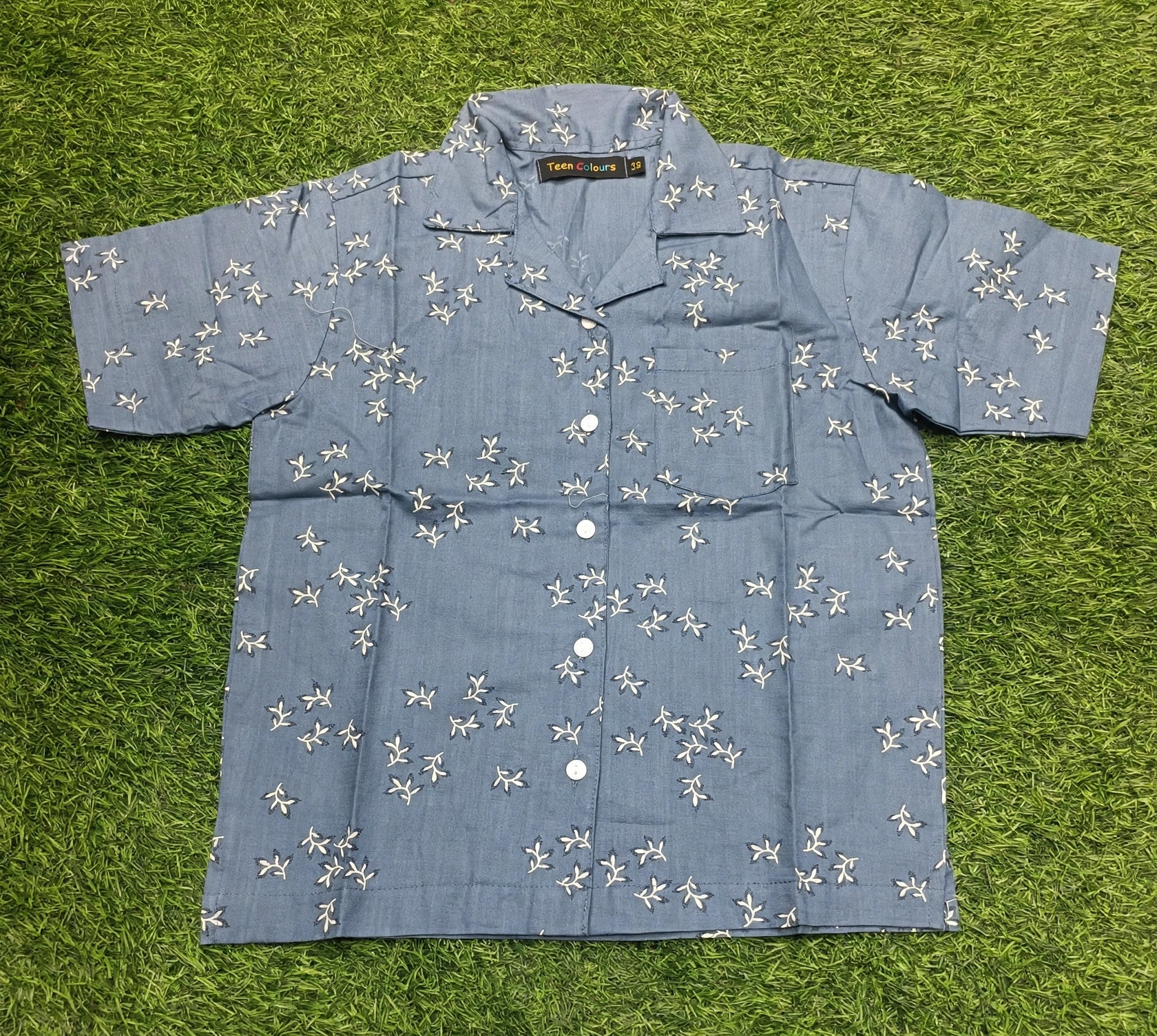 Teen Colours Girls Dark grey color Leaf Print Cuban Collar cotton Baggy Shirt