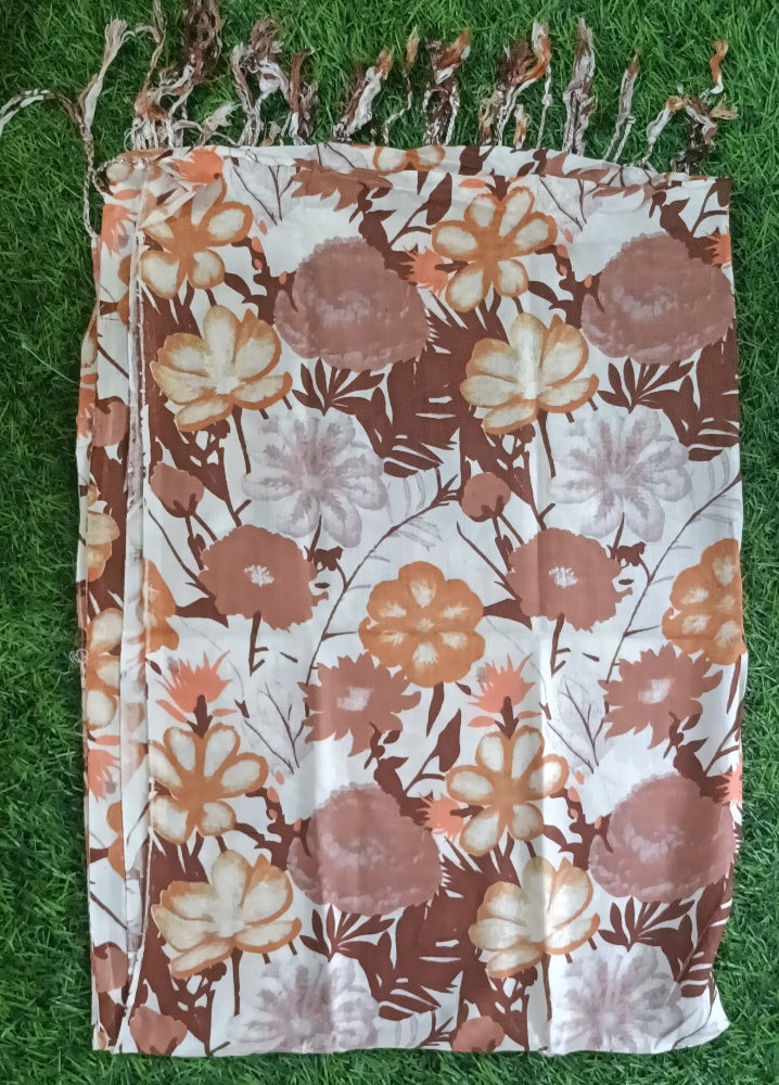 Classic Black and orange Floral Printed Stole with Fringe Accents