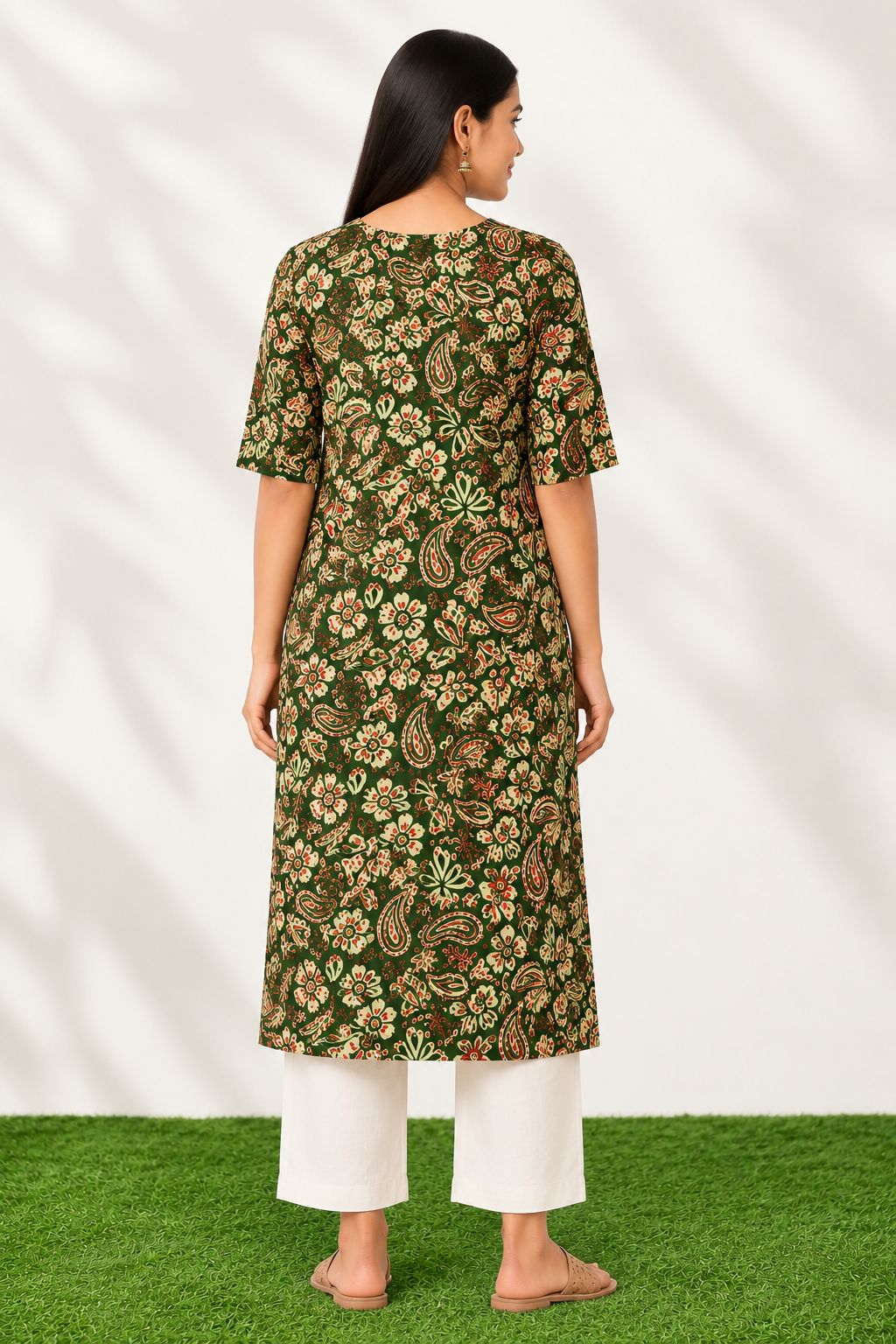 Women’s Bottle Green Floral Paisley Printed Cotton Straight-Cut Kurthi with Elbow Sleeves & Pocket