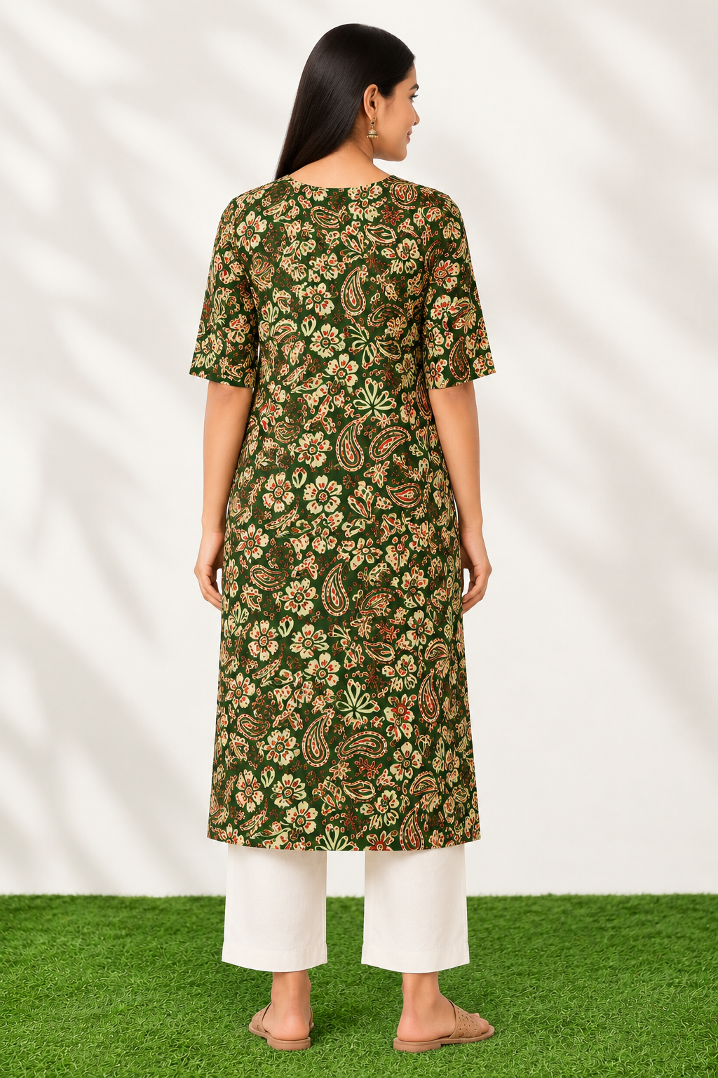 Women’s Bottle Green Floral Paisley Printed Cotton Straight-Cut Kurthi with Elbow Sleeves & Pocket