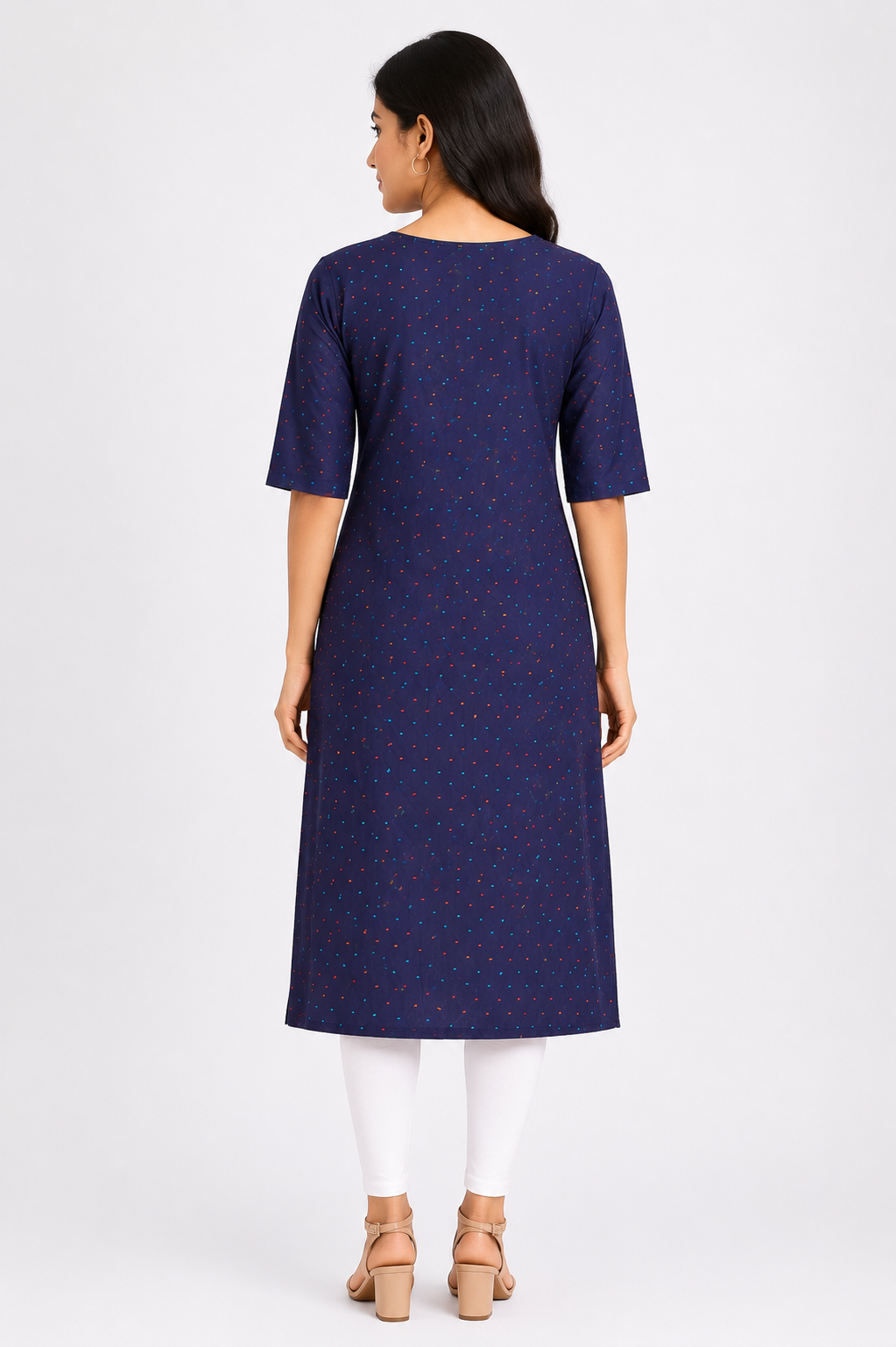 Women’s Navy Blue Multicolour Dash Print Straight-Cut Cotton Kurthi with Elbow Sleeves & Pocket