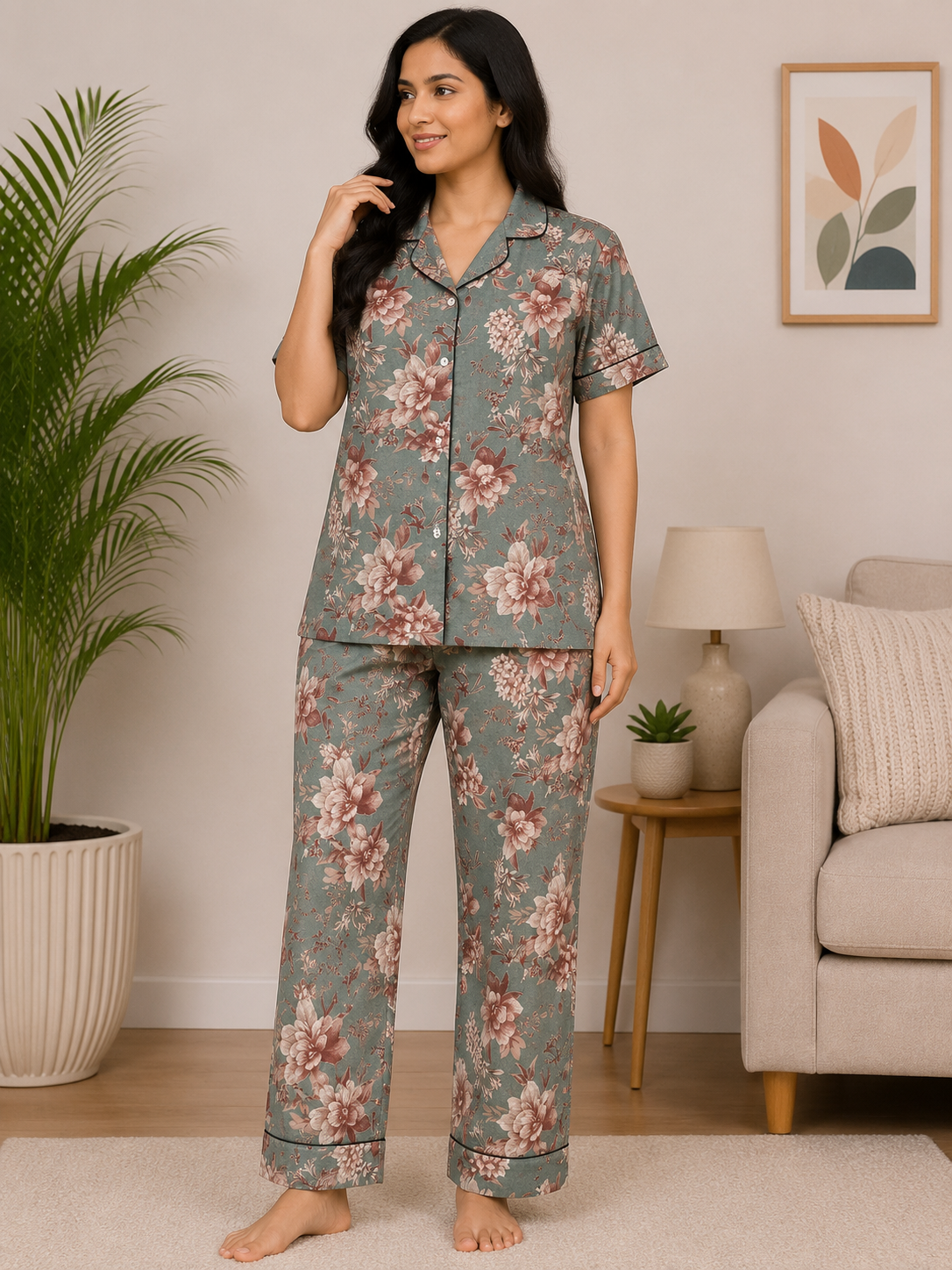 Premium Alfain Sage Vintage Floral Co-ord Set, With Button-down front, notch collar, contrast black piping, elasticated waist.
