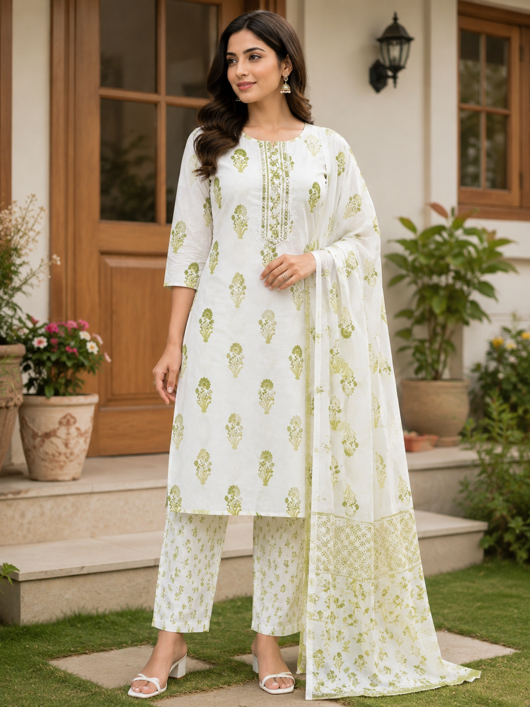 Elegant White and Green Block-Print Style Rayon 3-Piece Kurti Set