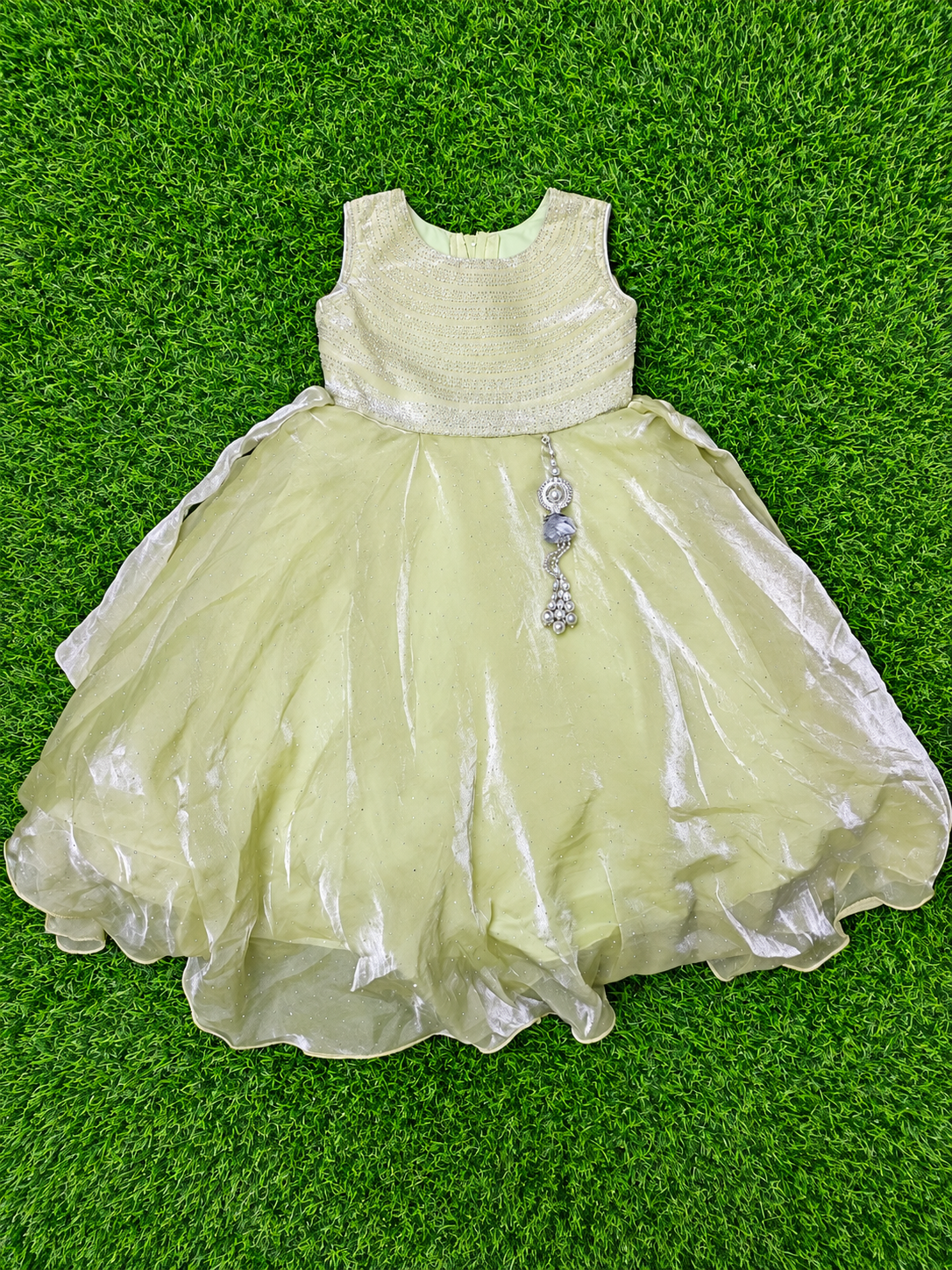 Girls Pista Green Embellished Net Party Wear Frock
