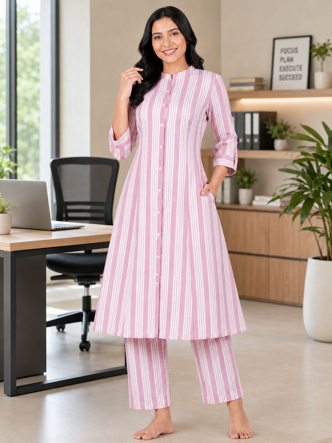 Women's Dusty Pink Striped Princess Cut Kurti & Pant Co-Ord Set with Mandarin Collar and Folded Cuff Sleeves
