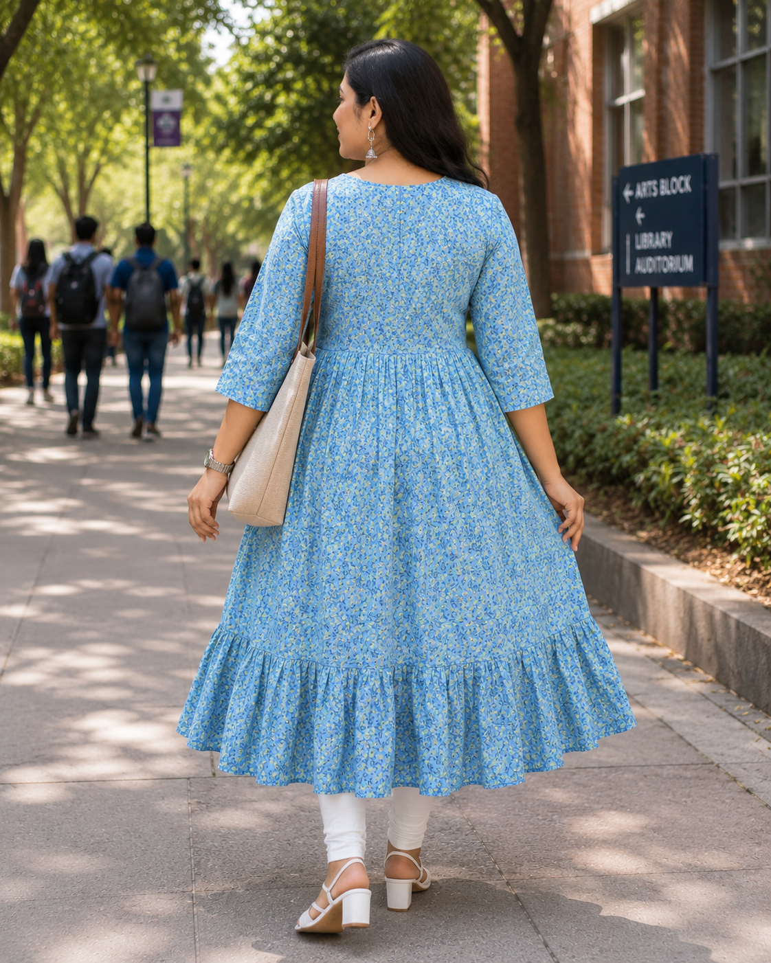 Women's Light Blue Printed Flared Umbrella model kurti with Elbow Sleeves