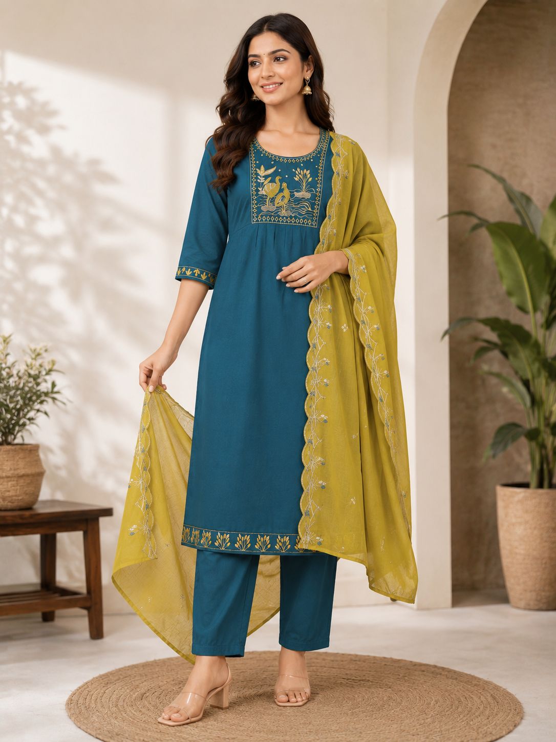 Elegant Teal Blue Embroidered 3-Piece Kurti Set with Detailed Yoke