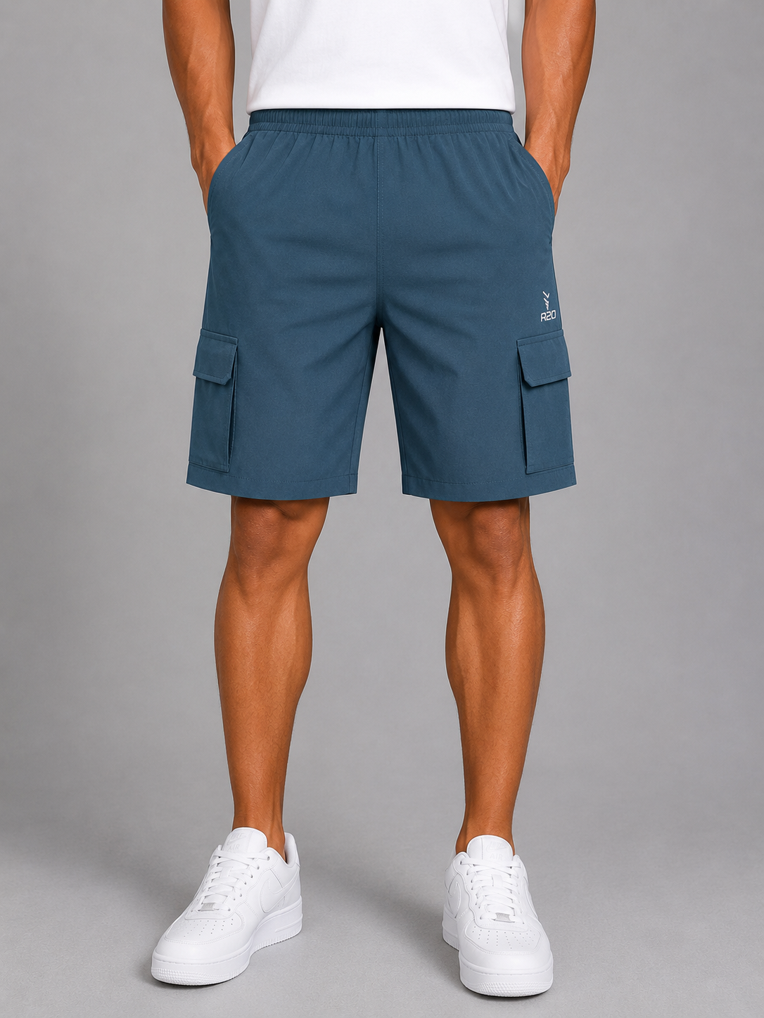 Men’s Teal Blue Cotton Cargo Shorts with Elastic Waist & Flap Pockets