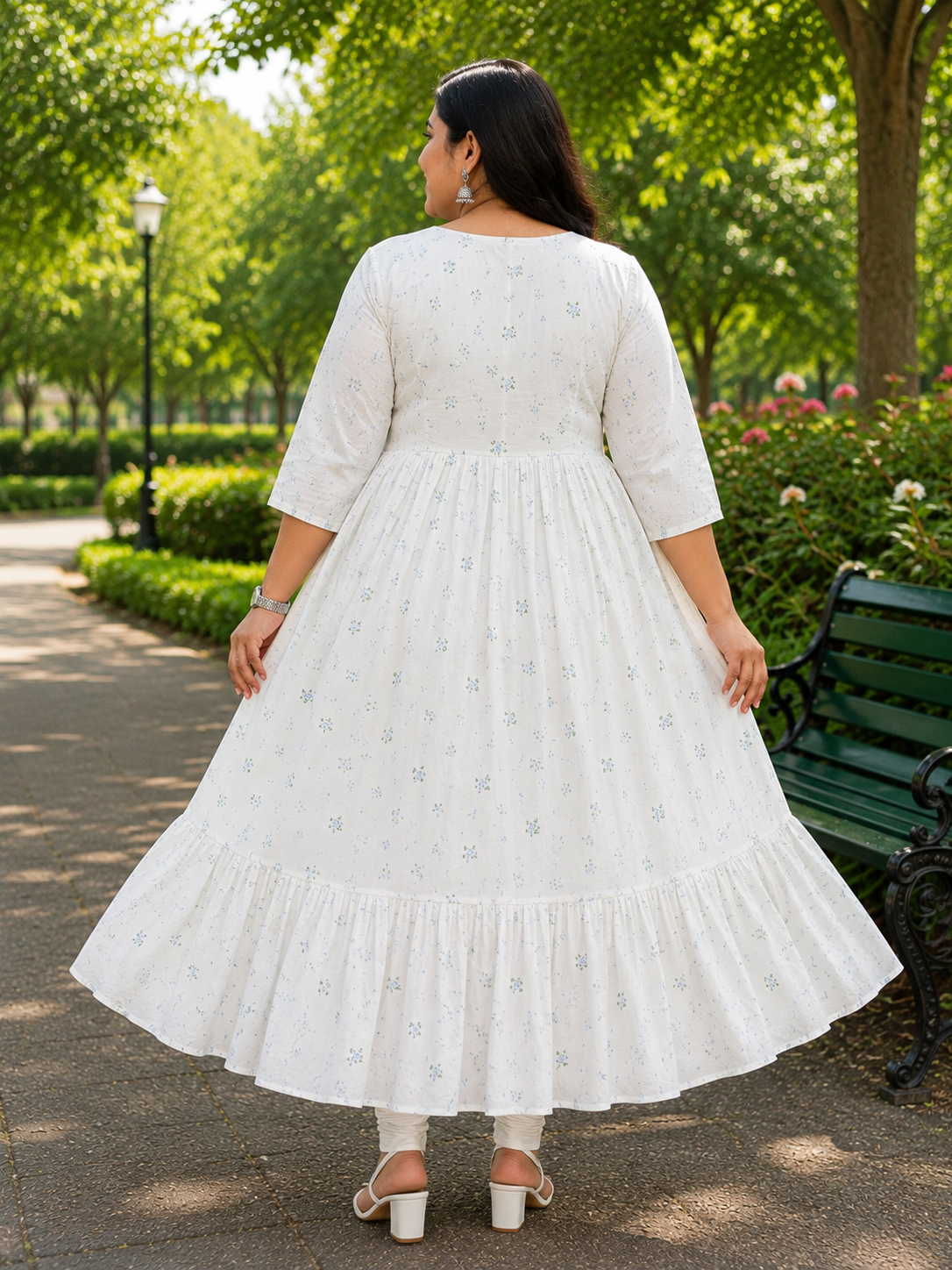 Women's's Off-White with Blue Floral Print Single Piece Two-Step Umbrella Umbrella model kurti with inner lining , Floral Print and Elbow Sleeves