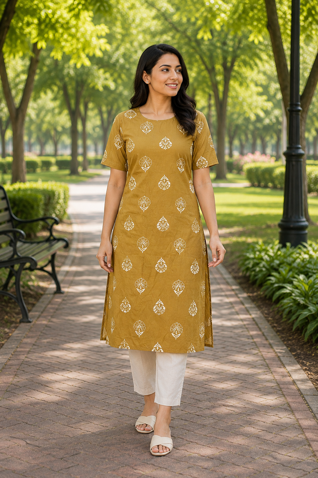 Womens Mustard Yellow color Cotton Kurti - Off White Floral Block Print, Round Neck, Elbow Sleeves, Straight Cut with Pocket