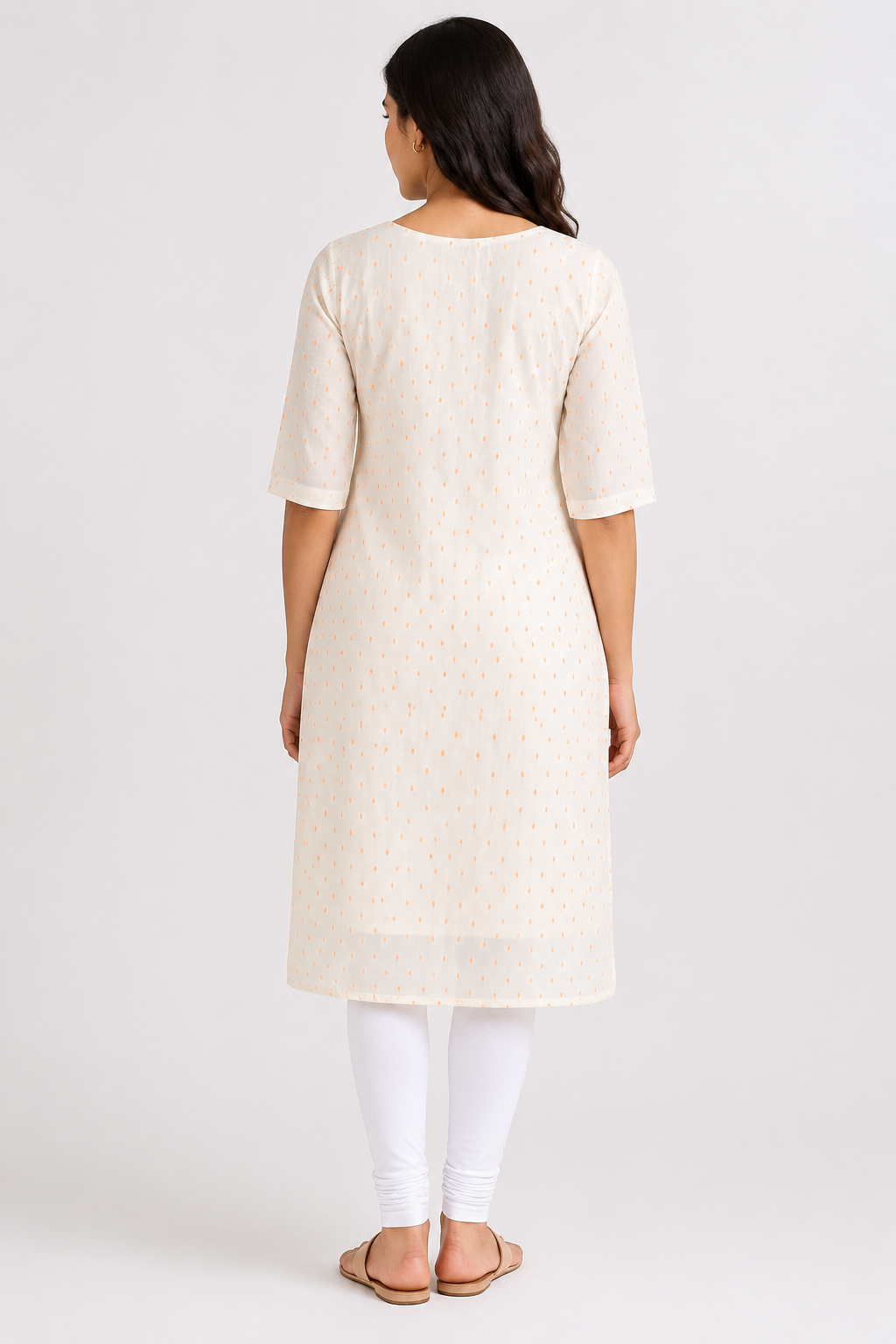 Women’s Light Cream & Orange Dotted Cotton Straight-Cut Kurthi with Elbow Sleeves & Pocket