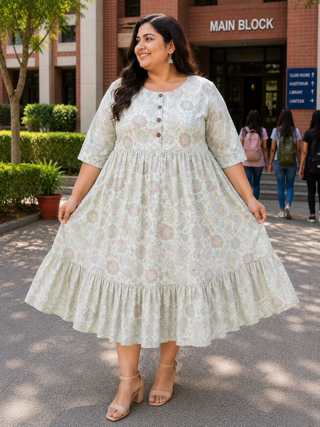 Women's Pista Green Printed Flared Umbrella model kurti with Elbow Sleeves