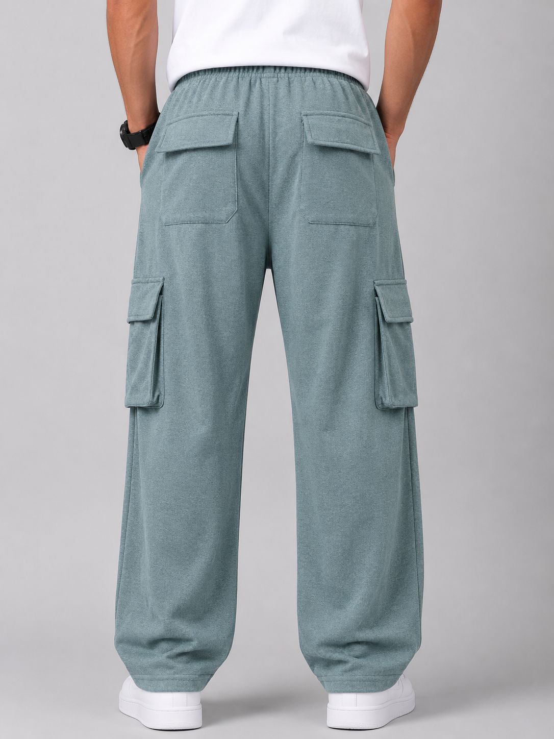 Men's Sage Green Cargo Pant - 6 Pockets - Baggy Straight Fit - Elastic Waist with Drawstring - Casual StreetweaR