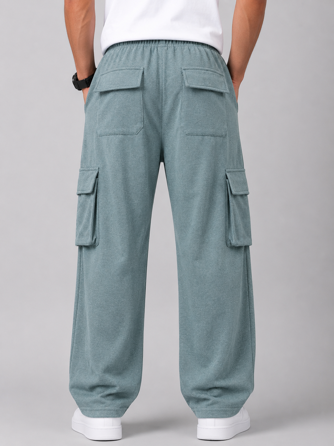 Men's Sage Green Cargo Pant - 6 Pockets - Baggy Straight Fit - Elastic Waist with Drawstring - Casual StreetweaR