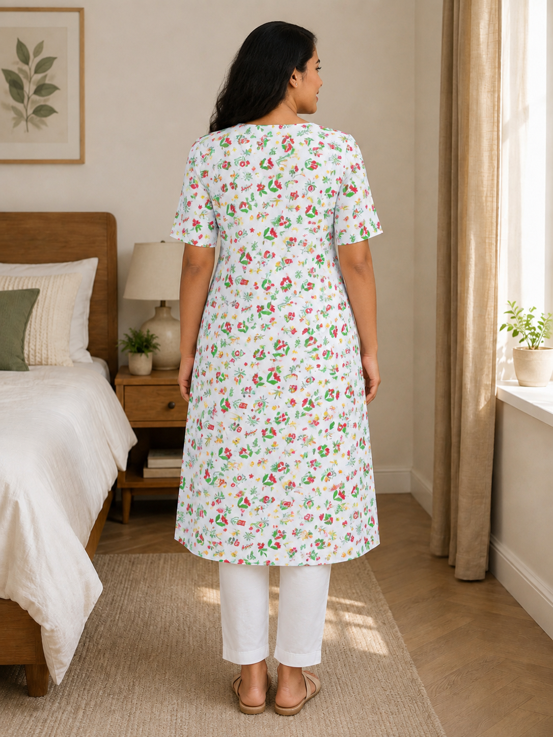 Women's White Cotton Kurti - Red & Green Small Floral Print  Round Neck  Elbow Sleeves Straight Cut with Pocket