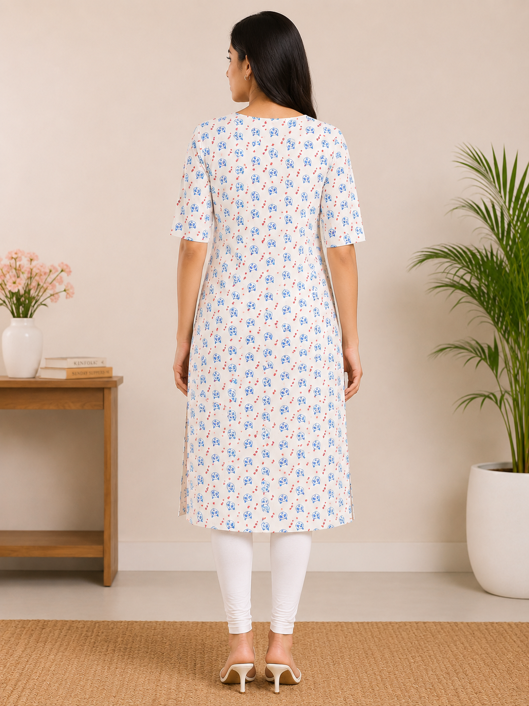 Womens White color Rayon Kurti - Blue Panda and Red Heart Print, Round Neck, Elbow Sleeves, Straight Cut with Pocket