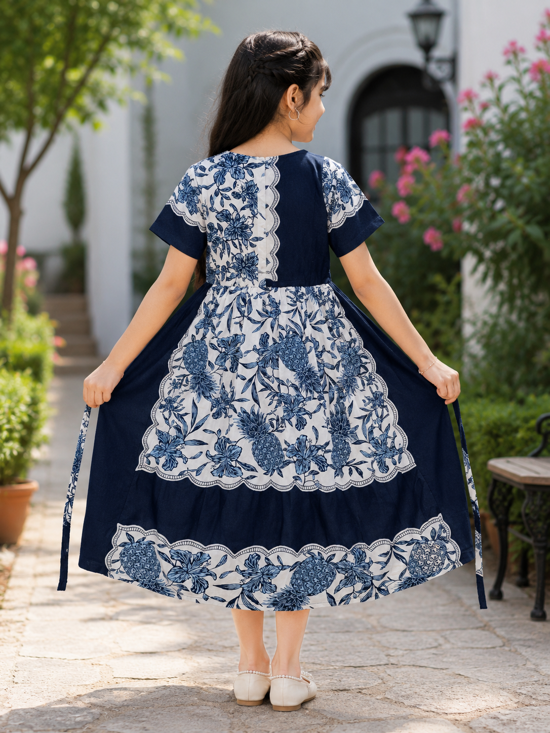 Teen Colours Navy & White Floral Border Print Premium Reyon Dress