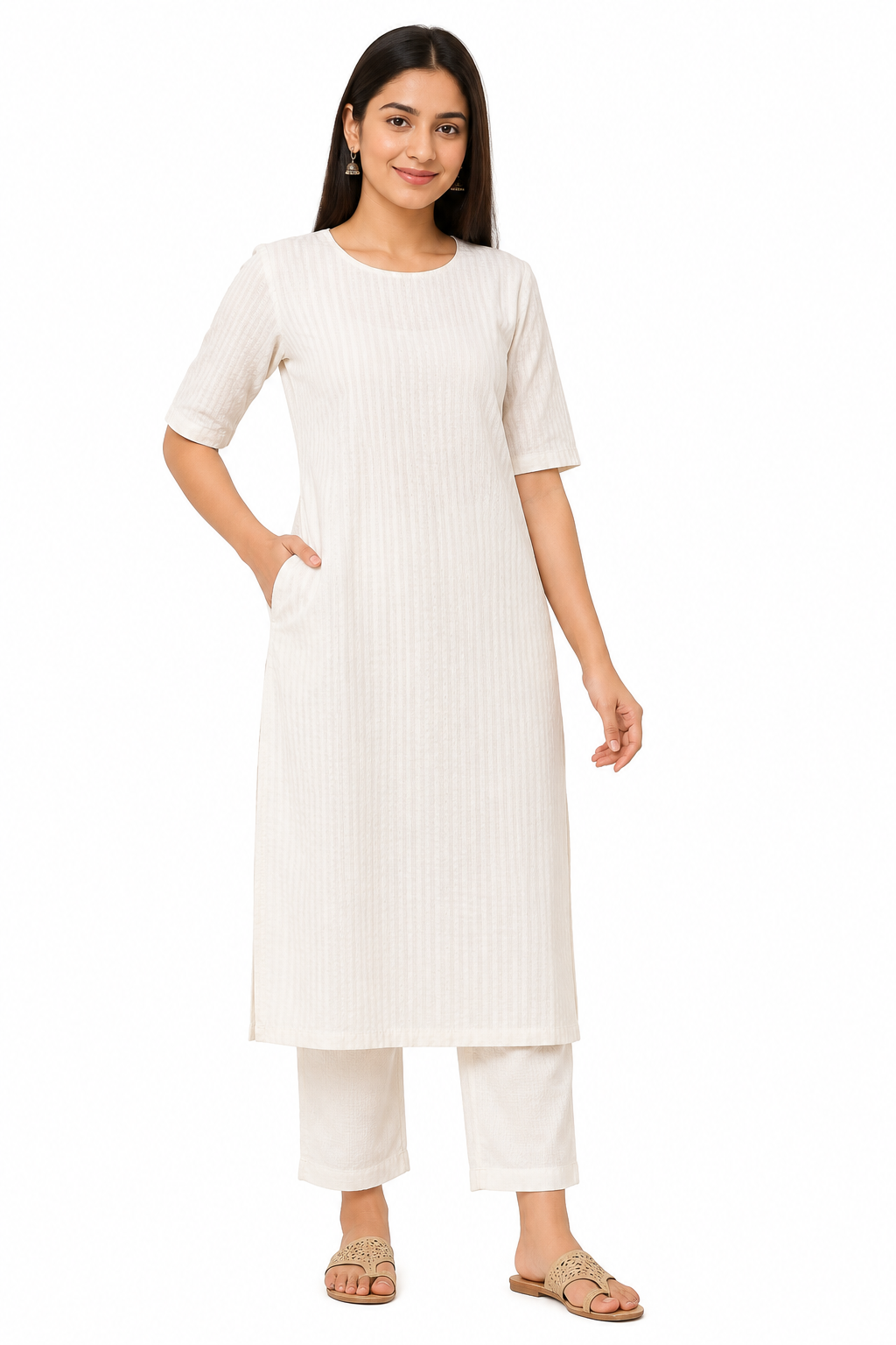 Women’s Natural Cream Textured Cotton Straight-Cut Kurthi with Elbow Sleeves & Pocket