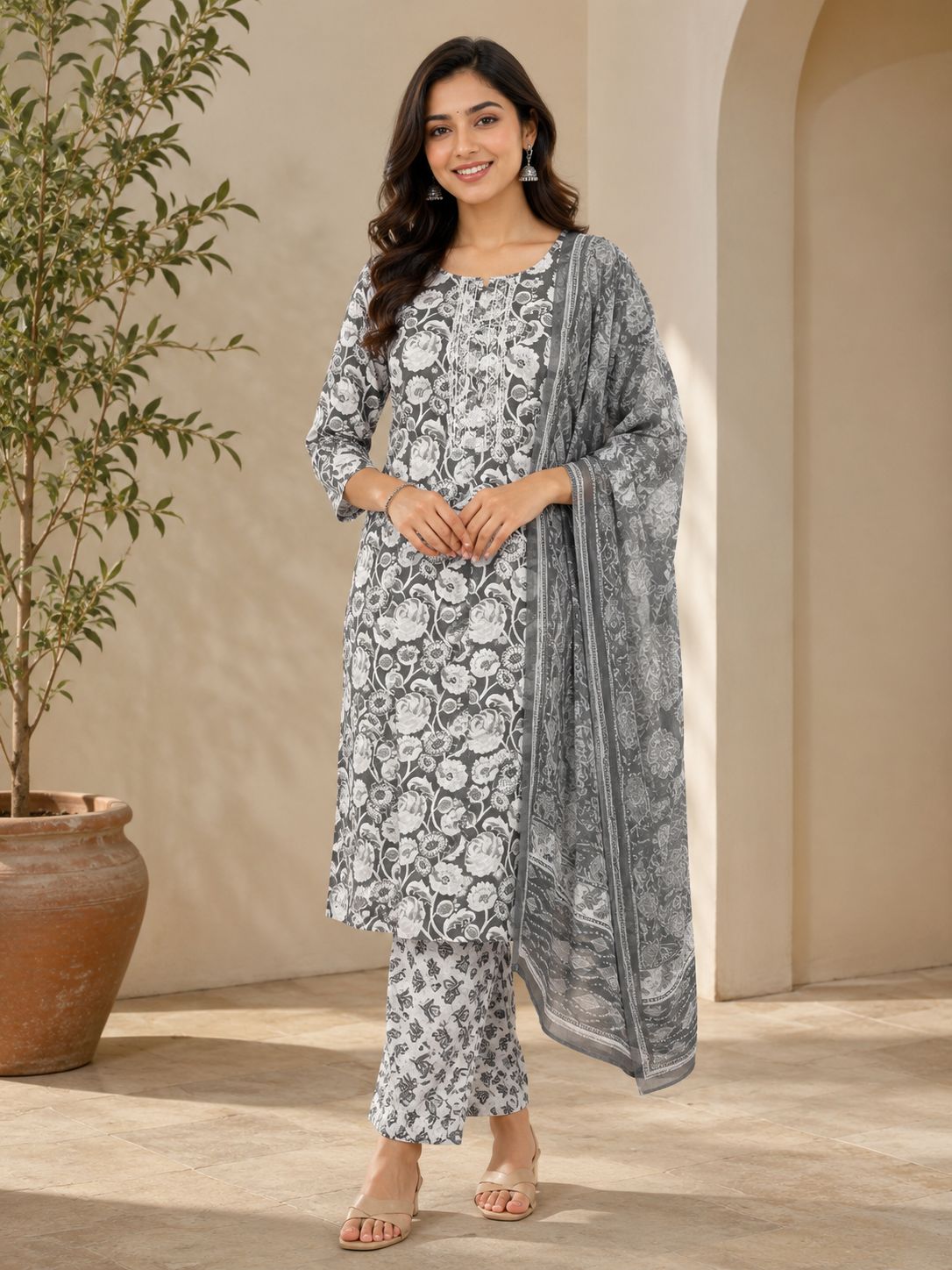 Elegant Grey and White Floral Printed Cotton 3-Piece Kurti Set