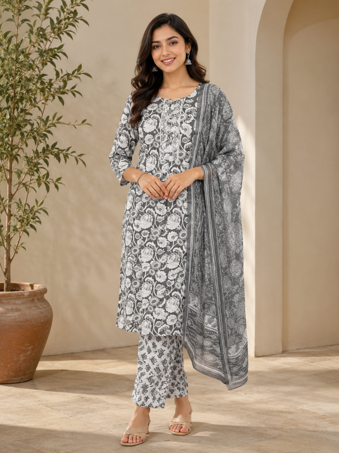 Elegant Grey and White Floral Printed Cotton 3-Piece Kurti Set