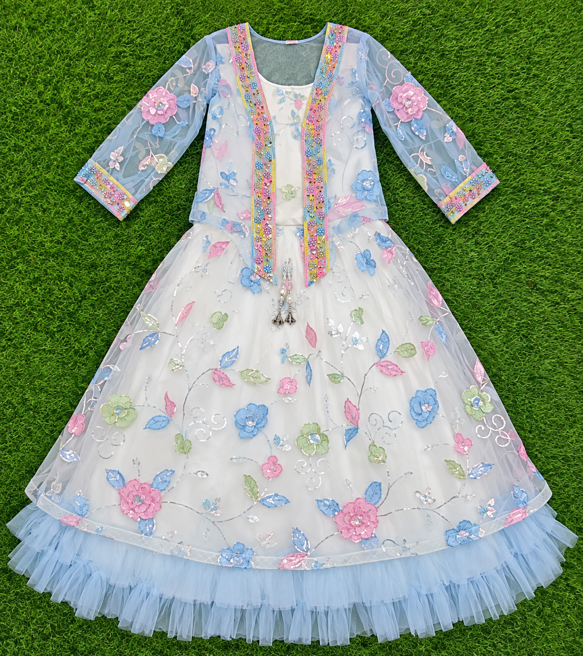 Girls White Floral Embellished Party Long Frock