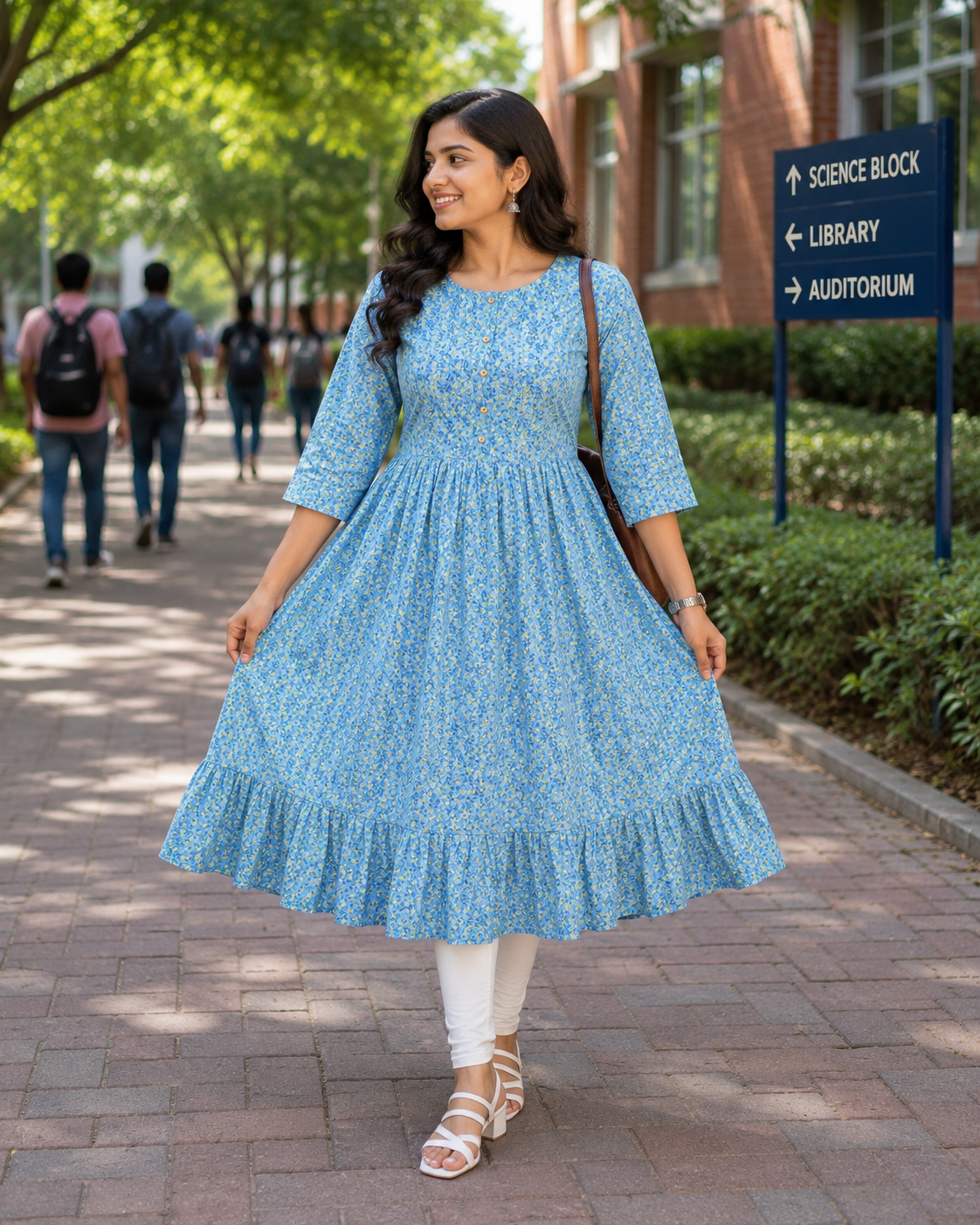 Women's Light Blue Printed Flared Umbrella model kurti with Elbow Sleeves