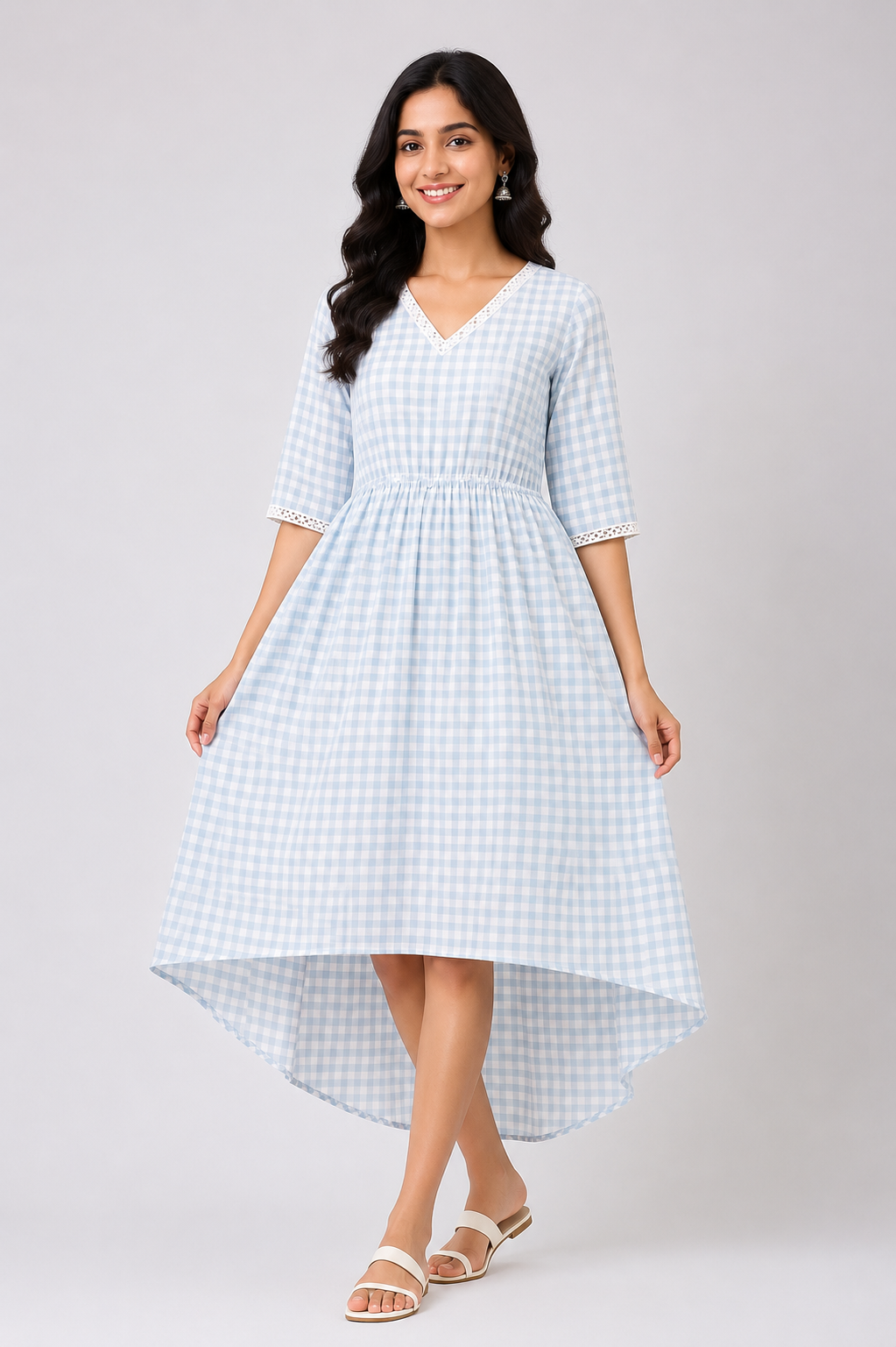 Ladies Light Sky Blue Checkered V-Neck 3/4 Bell Sleeve Elastic Waist Flared Western Long Frock