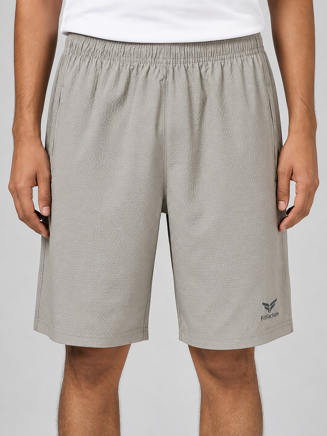 Men’s  Khaki Textured Sports Shorts with Elastic Waist & Zipper Pockets