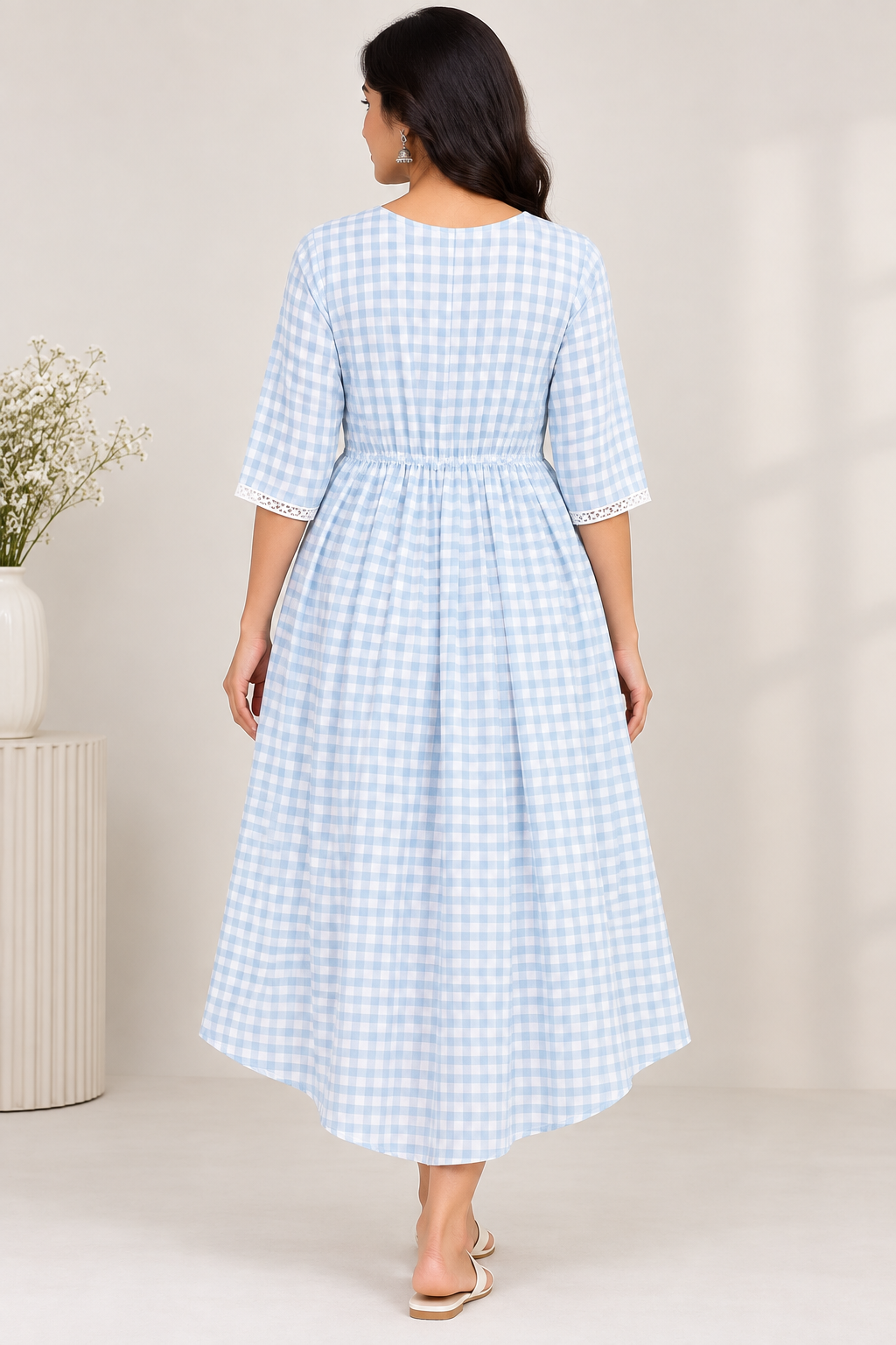Ladies Light Sky Blue Checkered V-Neck 3/4 Bell Sleeve Elastic Waist Flared Western Long Frock