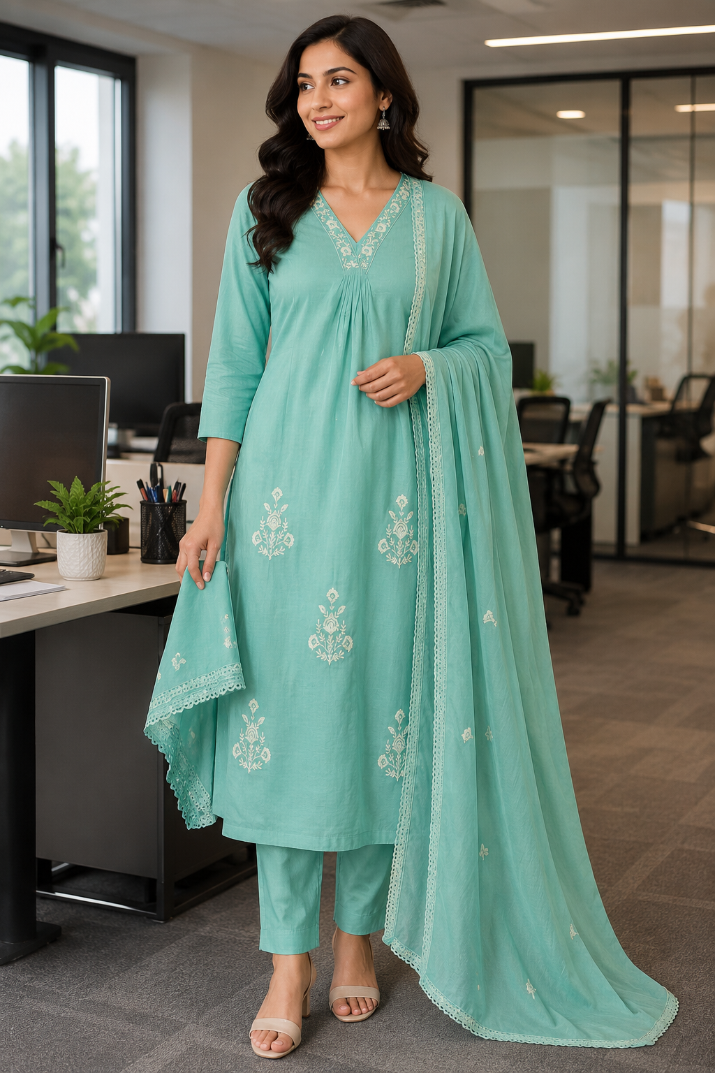 Elegant Sea Green Embroidered 3-Piece Silk Kurti Set