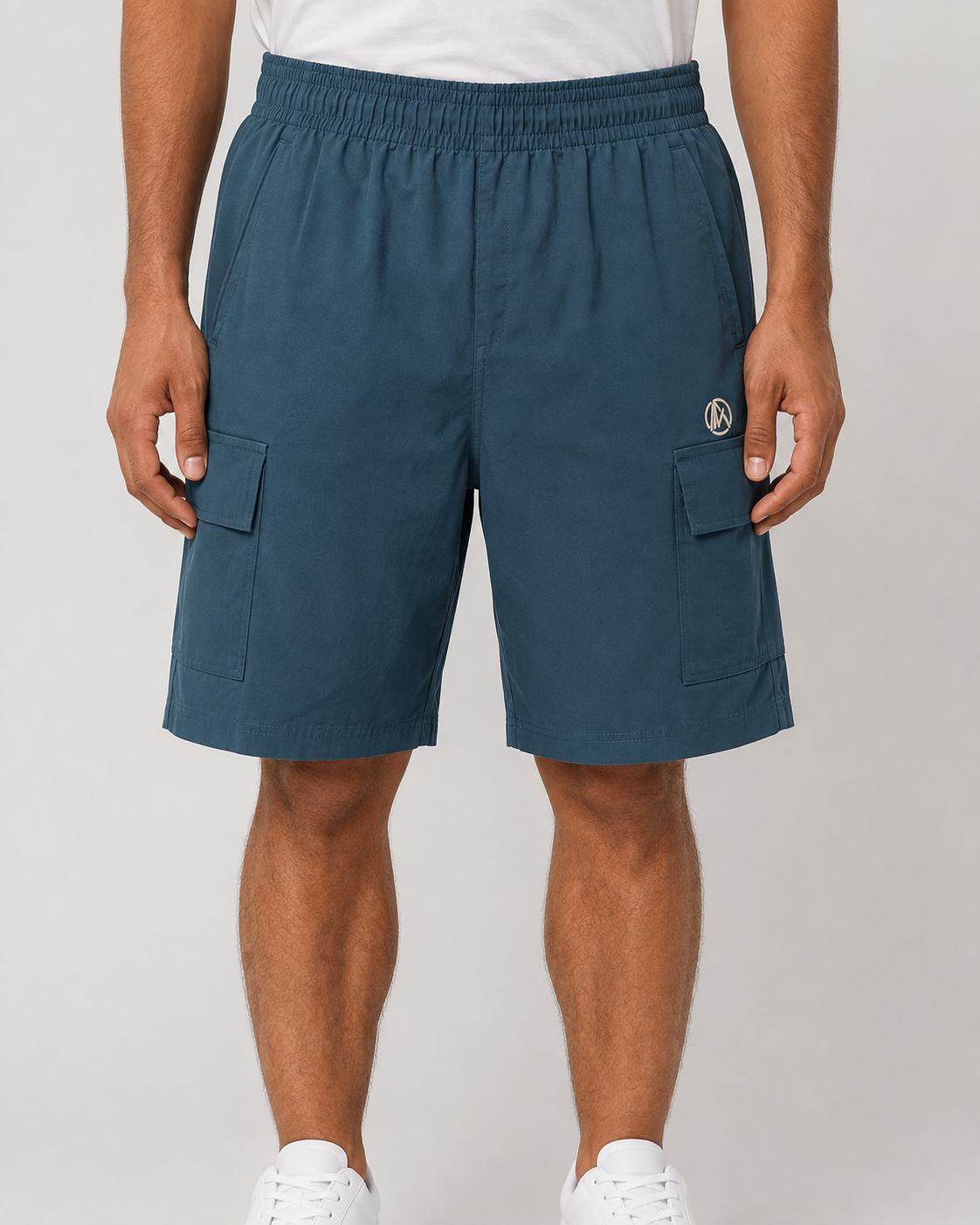 Men's Teal Blue Elastic Waist Cargo Shorts with Logo