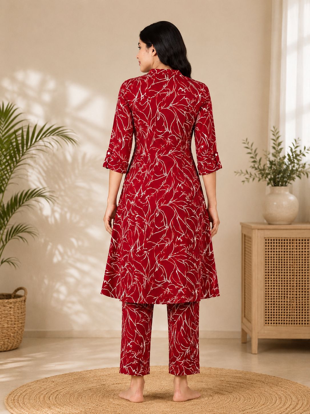 Women's maroon red & cream Princess Cut Kurti & Pant Co-Ord Set with Mandarin Collar and Folded Cuff Sleeves