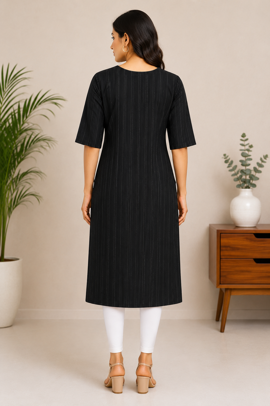 Women’s Charcoal Black Self-Striped Textured Cotton Straight-Cut Kurthi with Elbow Sleeves & Pocket