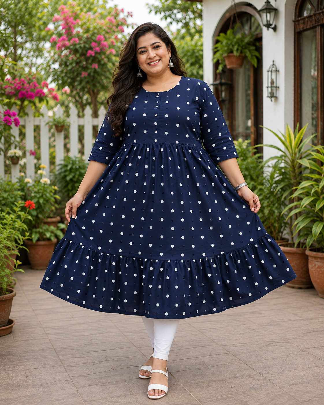 Women's Navy Blue Polka Dot Flared Umbrella model kurti with Elbow Sleeves