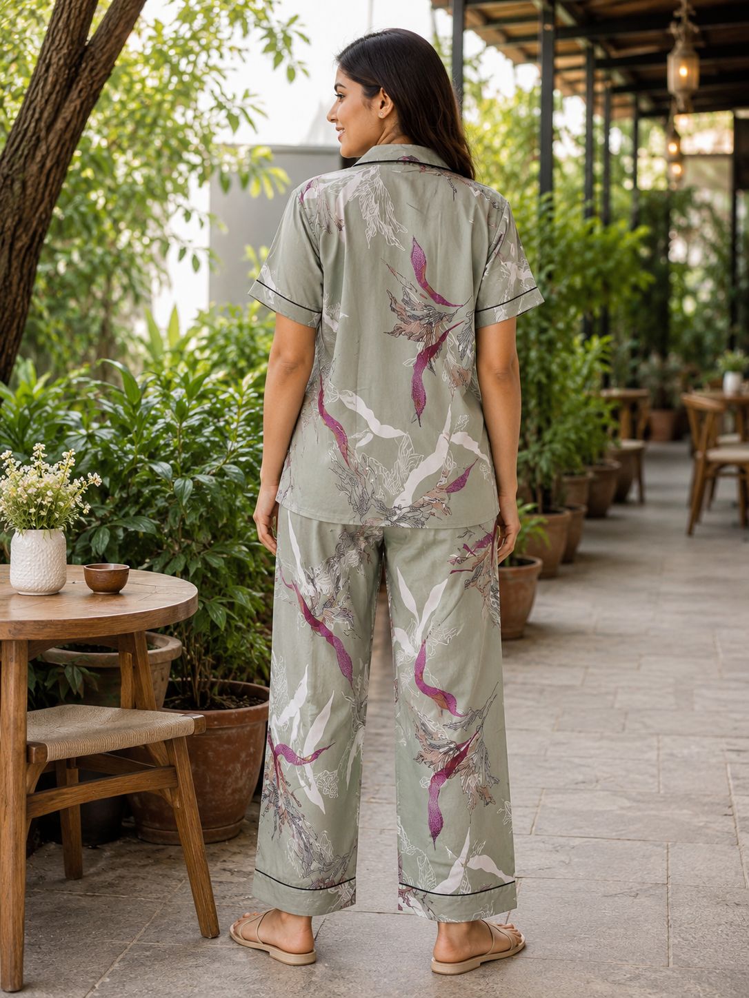 Premium Alfain Olive Tropical Floral Co-ord Set,With Button-down front, notch collar, contrast black piping, elasticated waist.