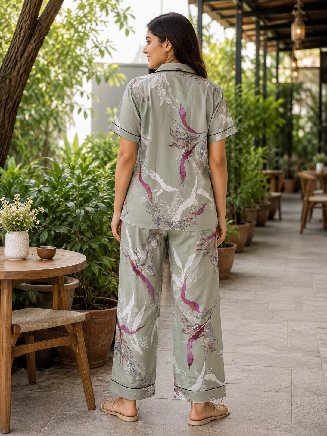 Premium Alfain Olive Tropical Floral Co-ord Set,With Button-down front, notch collar, contrast black piping, elasticated waist.