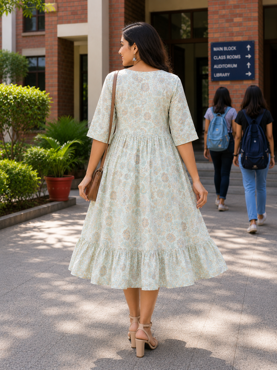 Women's Pista Green Printed Flared Umbrella model kurti with Elbow Sleeves