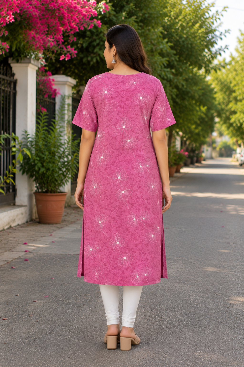 Women’s Dusty Rose Layered Floral Printed Cotton Straight-Cut Kurthi with Elbow Sleeves & Pocket