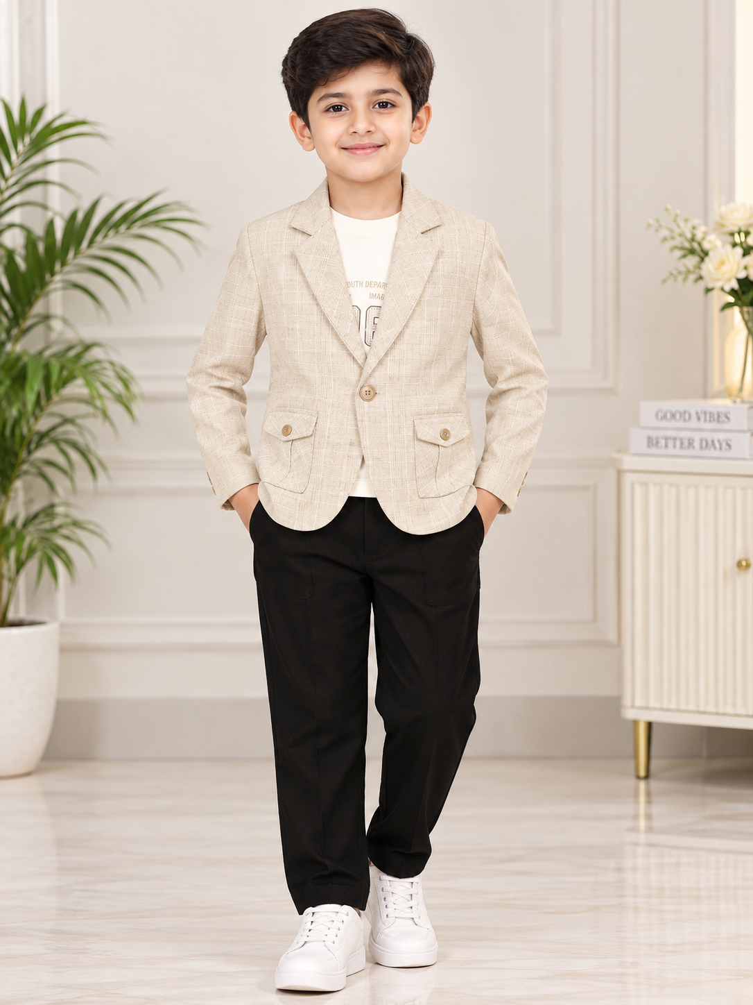 Boys Beige Blazer and Black Elastic Waist Pant Set