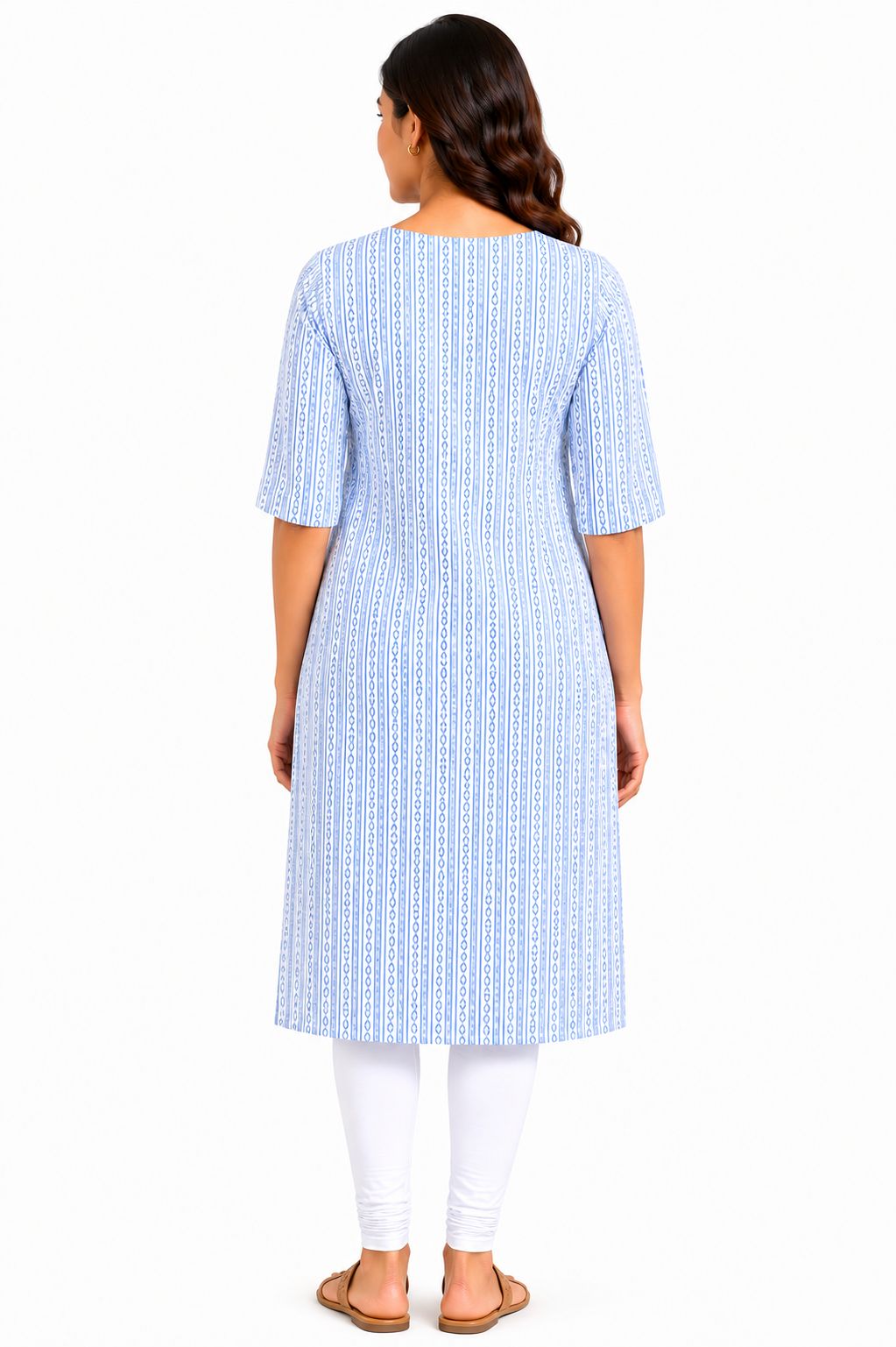 Women’s White & Sky Blue Geometric Striped Cotton Straight-Cut Kurthi with Elbow Sleeves & Pocket