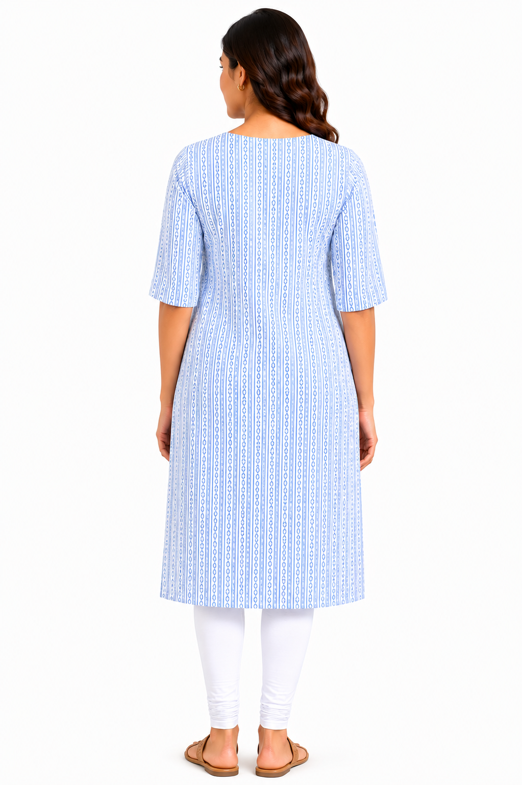 Women’s White & Sky Blue Geometric Striped Cotton Straight-Cut Kurthi with Elbow Sleeves & Pocket