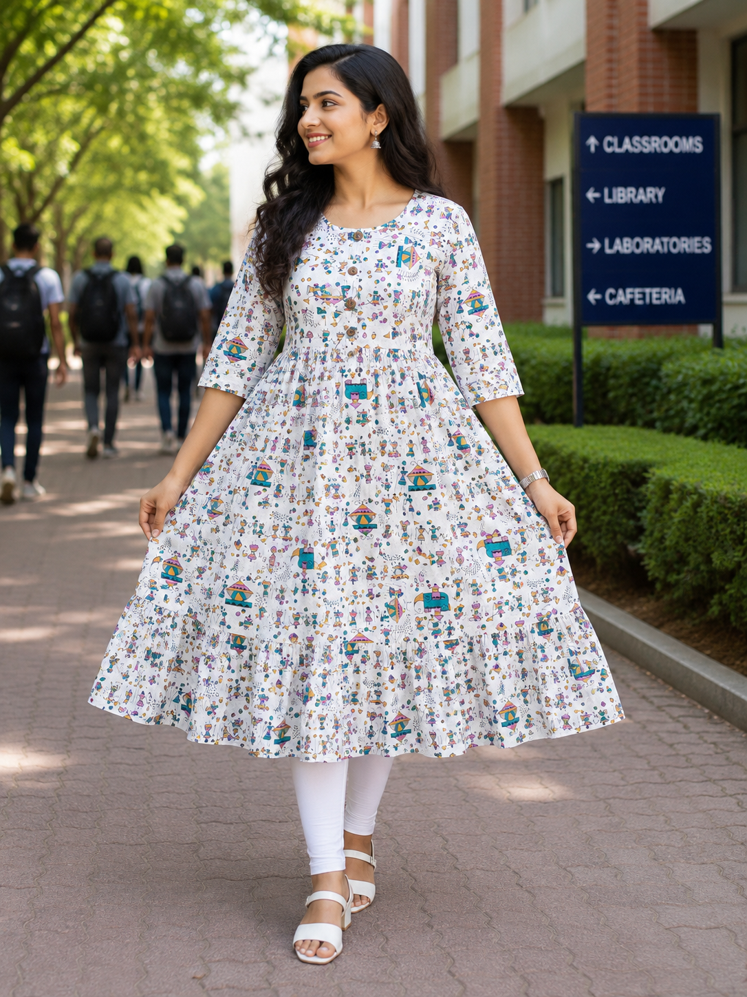 Women's Off-White with Multicolour  Printed Flared Umbrella model kurti with Elbow Sleeves