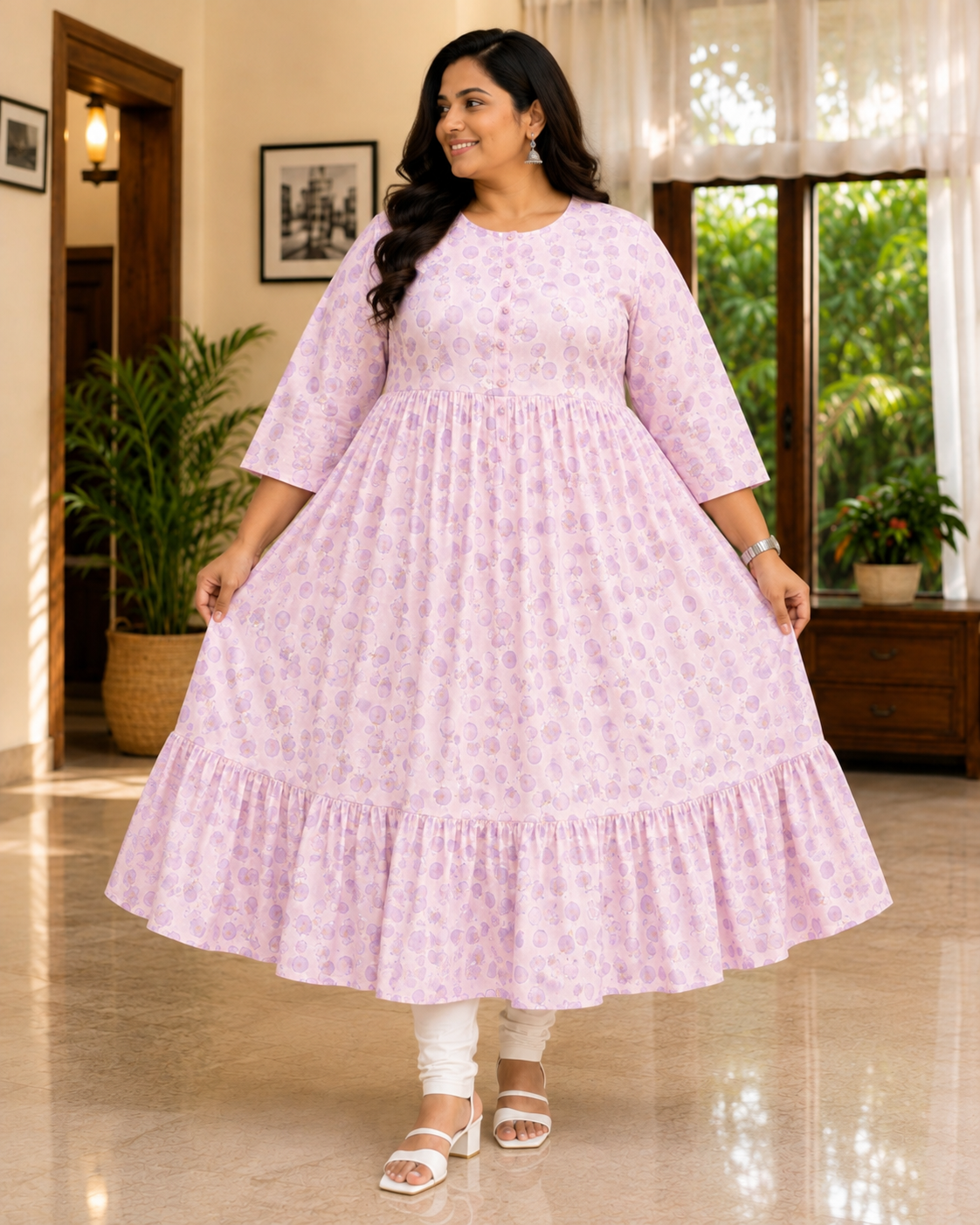 Women's Light Pink and Lavender Printed Flared Umbrella model kurti with Elbow Sleeves