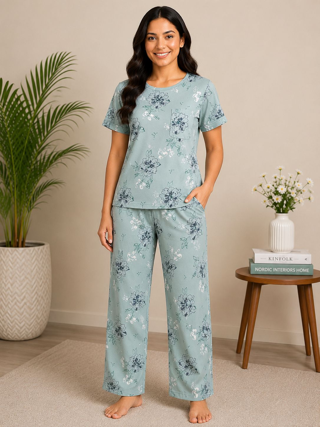 Women's Premium Alfain Fabric Steel Blue Floral Print Round Neck Night Suit with Side Slit Top & Elastic Waist Straight Pant