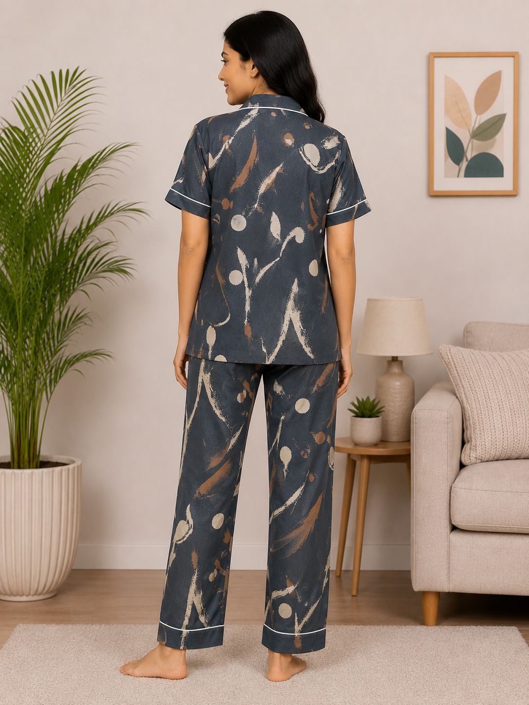 Premium Alfain Slate Grey Abstract Co-ord Set,With Button-down front, notch collar, contrast black piping, elasticated waist.