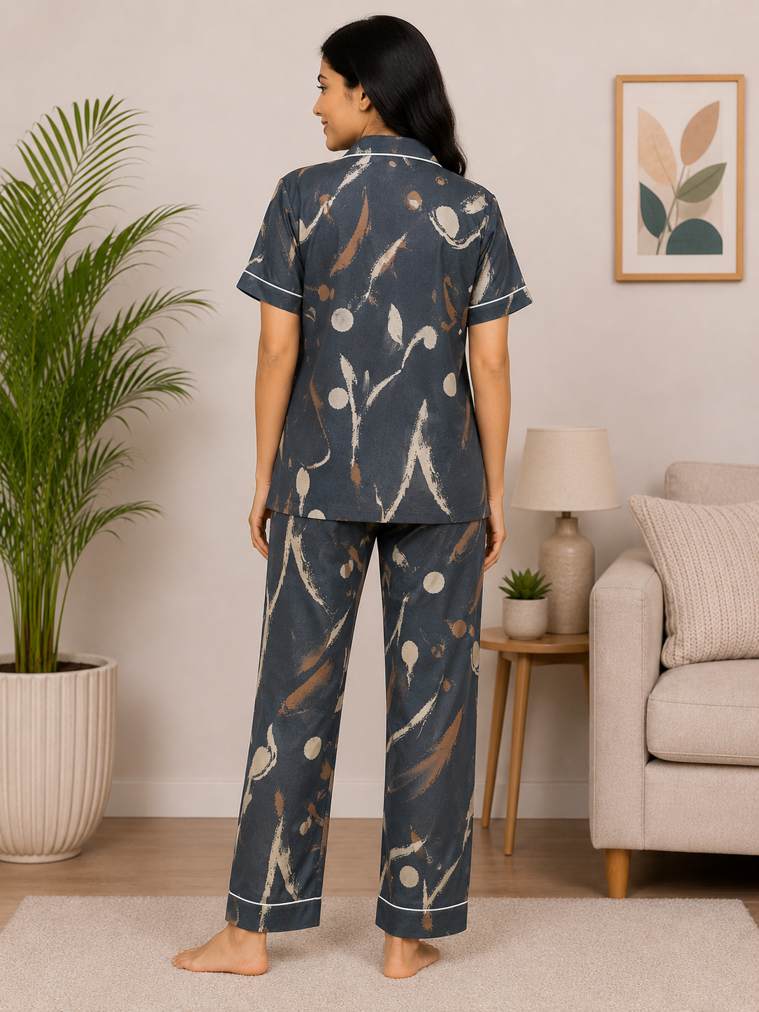 Premium Alfain Slate Grey Abstract Co-ord Set,With Button-down front, notch collar, contrast black piping, elasticated waist.