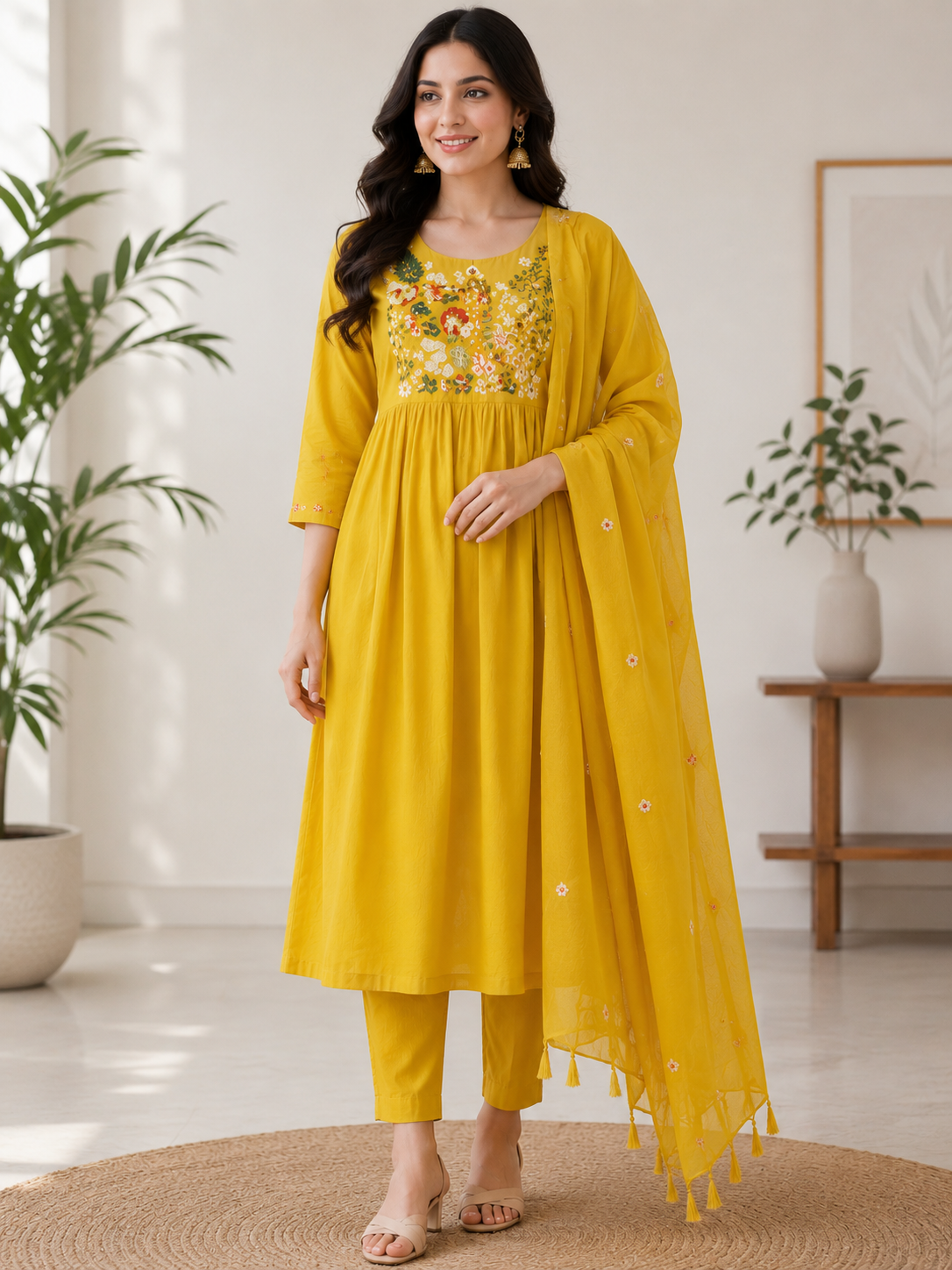 Elegant Olive Green Mull Chanderi Embroidered 3-Piece Kurti Set